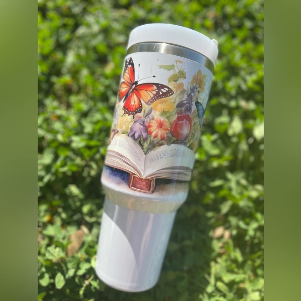 40 oz Colorful Book and butterfly Double-wall vacuum insulation Tumbler with str